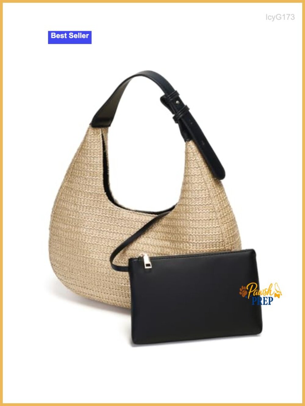 PU Leather Trimmed Straw Hobo Handbag with Adjustable Strap and Matching Pouch